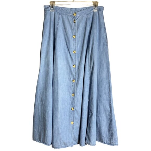 CW Chambray Skirt Blue Midi Button Cotton Lghtwt Denim Pockets Capsule Women 14 - Picture 1 of 5
